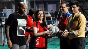 Former French star Thierry Henry in India with Sourav Ganguly and  Nita Ambani
