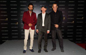 Director Ron Howard, actor Tom Hanks and Irrfan Khan attends the "Inferno" red carpet and photo call at the ArtScience Museum at Marina Bay Sands on June 14, 2016 in Singapore.